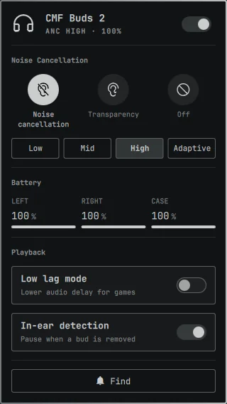 Nothing Buds panel on a dark theme