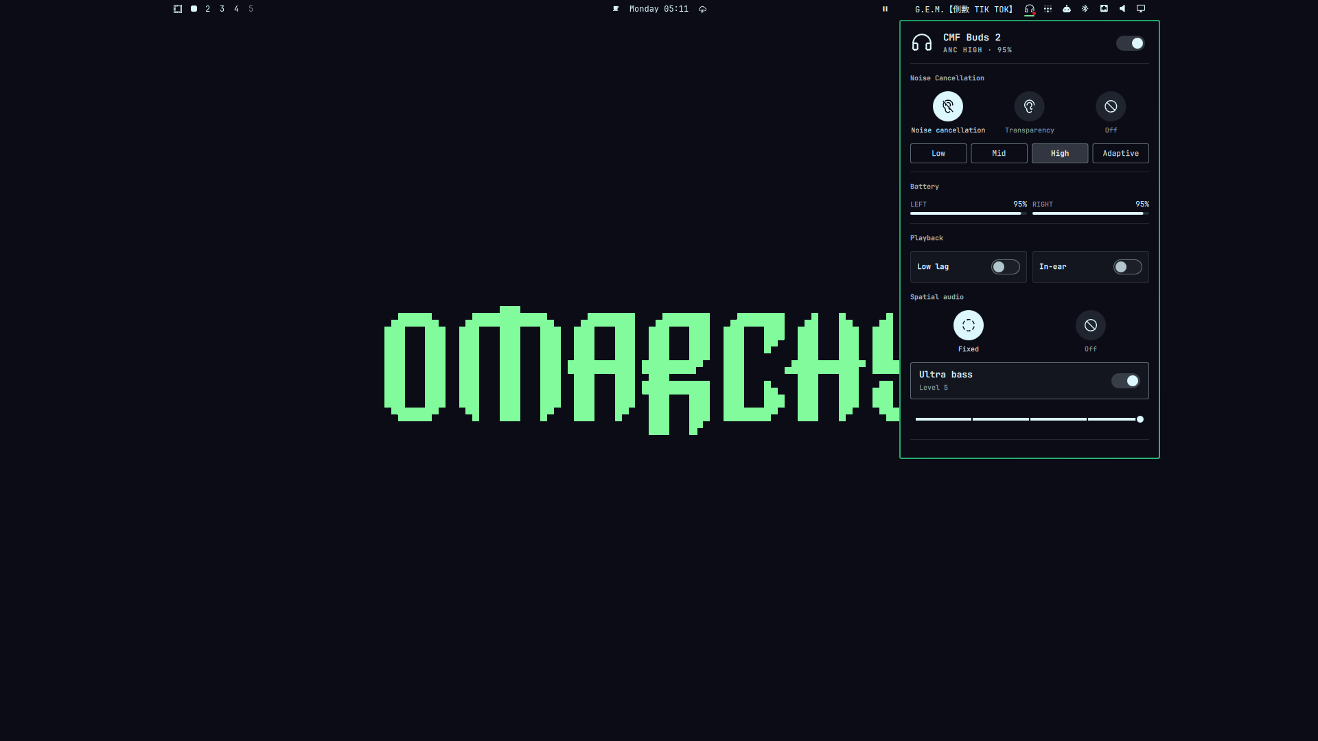 Nothing Buds panel open from the Omarchy bar on the desktop