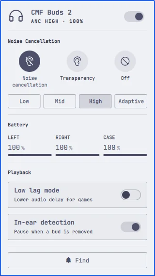 Nothing Buds panel on a light theme